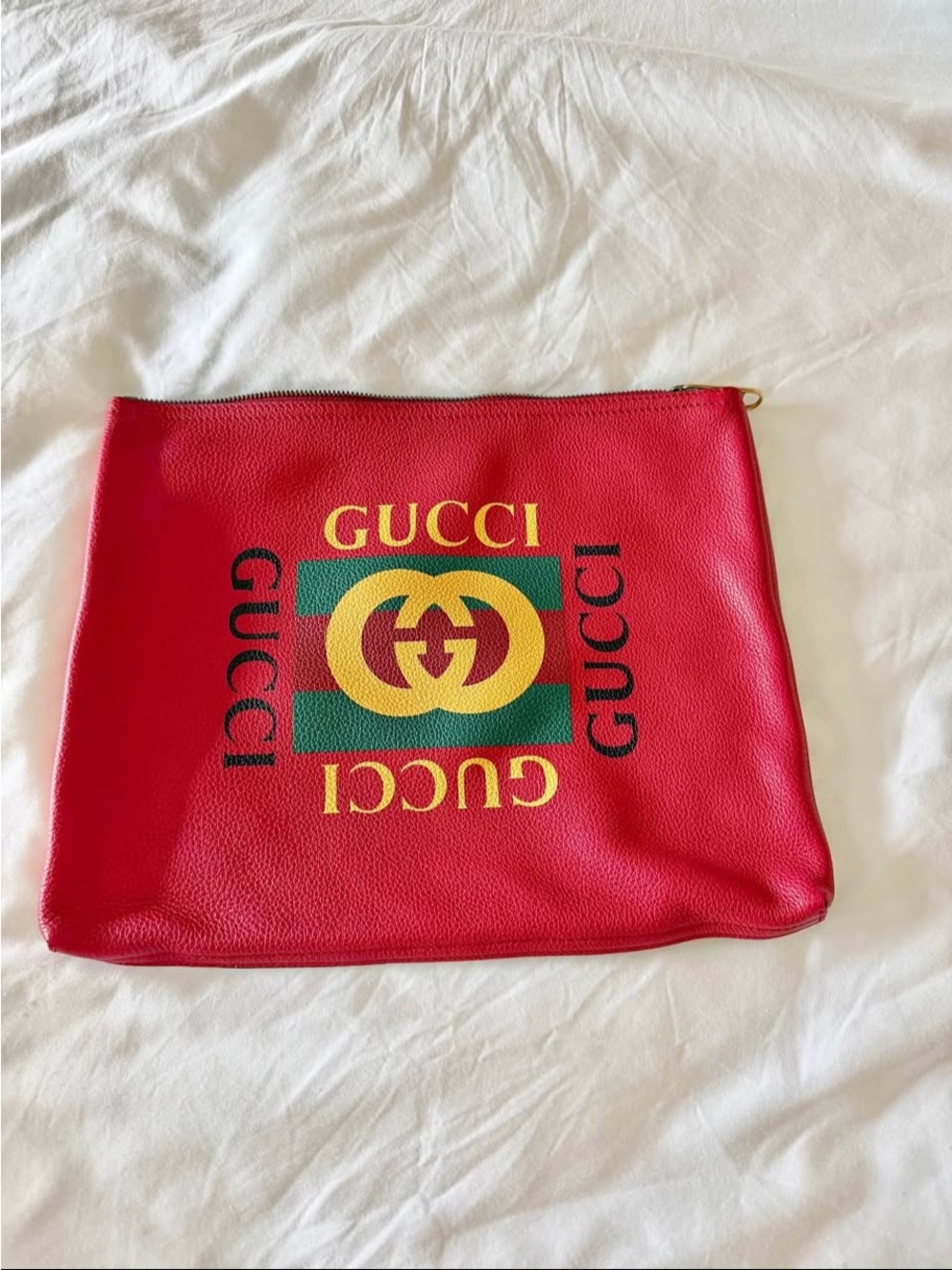Gucci Red Leather Logo Pouch with Green and Yellow Graphic